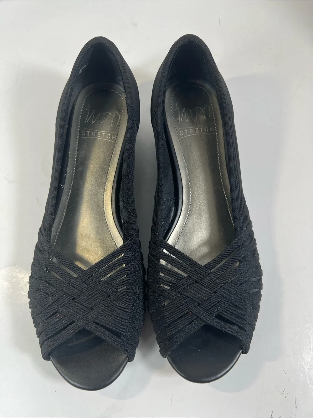 IMPO Stretch Riswel Black Woven Peep Toe Wedge Pumps Women’s 7.5M